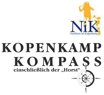 Logo mit einer gelben Figur, die ein Kind hält, über dem blauen Schriftzug NiK Nachbarn im Kopenkamp; darunter der fettgedruckte Schriftzug Kopenkamp Kompass einschließlich der Horst und ein schwarz-weißes Kompass-Symbol.