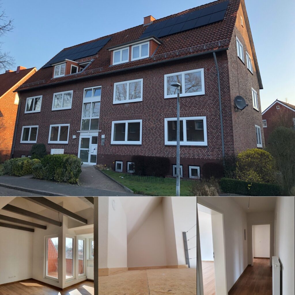 Eine Collage zeigt ein Wohnhaus aus Backstein mit Sonnenkollektoren auf dem Dach und wei&szlig; gestrichenen Fenstern. Darunter sind drei Innenaufnahmen zu sehen: ein helles Wohnzimmer, ein leerer Dachboden und ein Flur mit Holzboden.