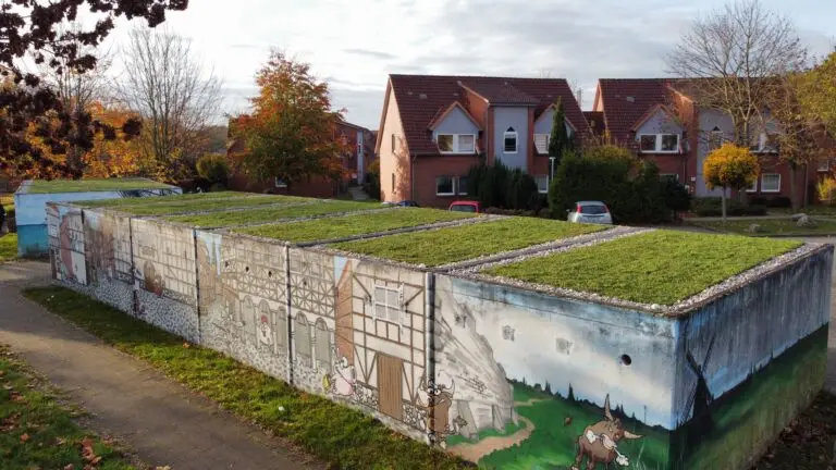 Ein rechteckiges Gebäude mit einem grünen Dach ist mit Wandmalereien verziert, die mittelalterliche Szenen und Tiere darstellen. Im Hintergrund sind Wohnhäuser mit roten Dächern und Herbstbäumen zu sehen.