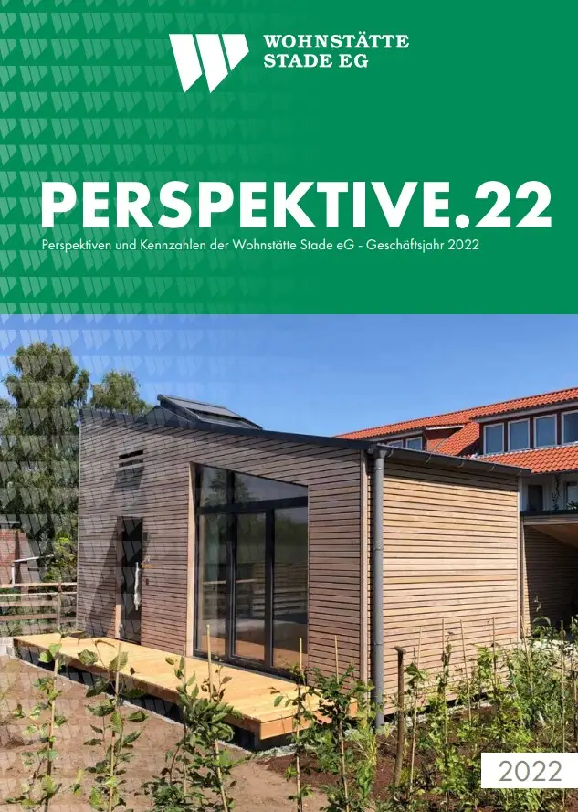 Titelbild eines Berichts mit dem Titel PERSPEKTIVE.22 mit einem modernen kleinen Holzhaus im Vordergrund, Pflanzen im Vordergrund und einem traditionellen Gebäude mit rotem Dach im Hintergrund. Rechts unten ist das Jahr 2022 vermerkt.
