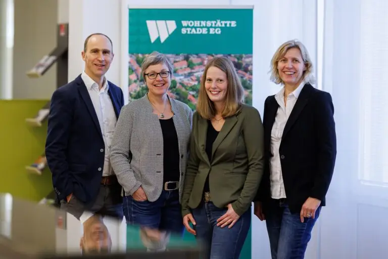 Vier Erwachsene, zwei Männer und zwei Frauen, stehen lächelnd in Business-Casual-Kleidung vor einem Banner mit der Aufschrift Wohnstätte Stade EG in einer Büroumgebung, in die Licht durch ein Fenster fällt.