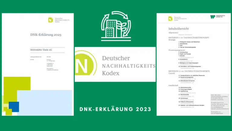 Eine Grafik zeigt zwei Seiten aus einem Nachhaltigkeitsbericht mit dem Titel DNK-Erklärung 2023 mit dem Logo des Deutschen Nachhaltigkeits Kodex in der Mitte und dem grünen Stadtsymbol darüber.